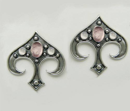 Sterling Silver Gothic Inspired Drop Dangle Earrings With Rose Quartz And White Moonstone